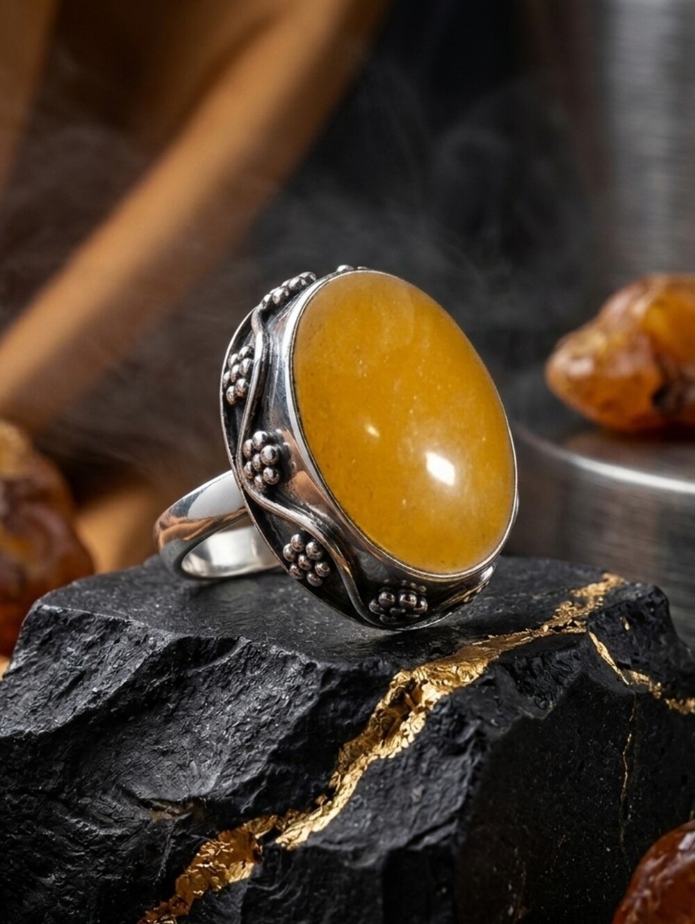 Yellow Moonstone Sterling Silver Ring Artisan Hand Crafted Boho Balinese Style